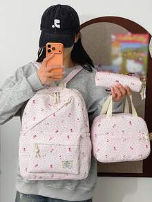 3件組時尚學院風波點/花卉圖案背包套裝，包含背包、便當袋與筆袋，附筆電隔層、可調節肩帶、多口袋大容量，多功能書包套裝，適合女生/青少年/大學生/畢業生日常使用/度假/旅行/開學 - 粉色 - 查看 6
