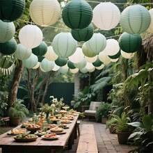 12Pcs Green Sage Paper Lantern Set, Suitable For Bohemian Style Decoration, Jungle Party, Wedding, Birthday, Garden Decoration, Picnic, Camping And Other Diverse Scenes Hanging Paper Lantern Atmosphere Decoration - Round - View 5