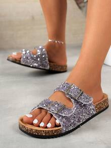 Sandalias de plataforma de corcho con doble correa y strass para mujer - Morado Violeta - Ver 6