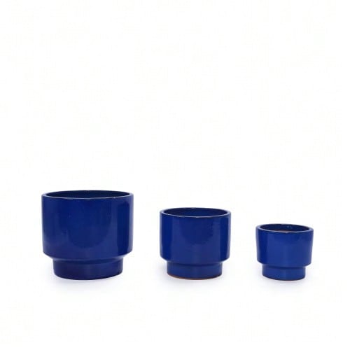 3-Piece Handmade Ceramic Plant Pot Set (Ø 38.1/30.5/22.9 Cm), Solid Blue Glaze, Ideal For Succulents/Flowers, Indoor/Outdoor, Breathable Porous Clay.