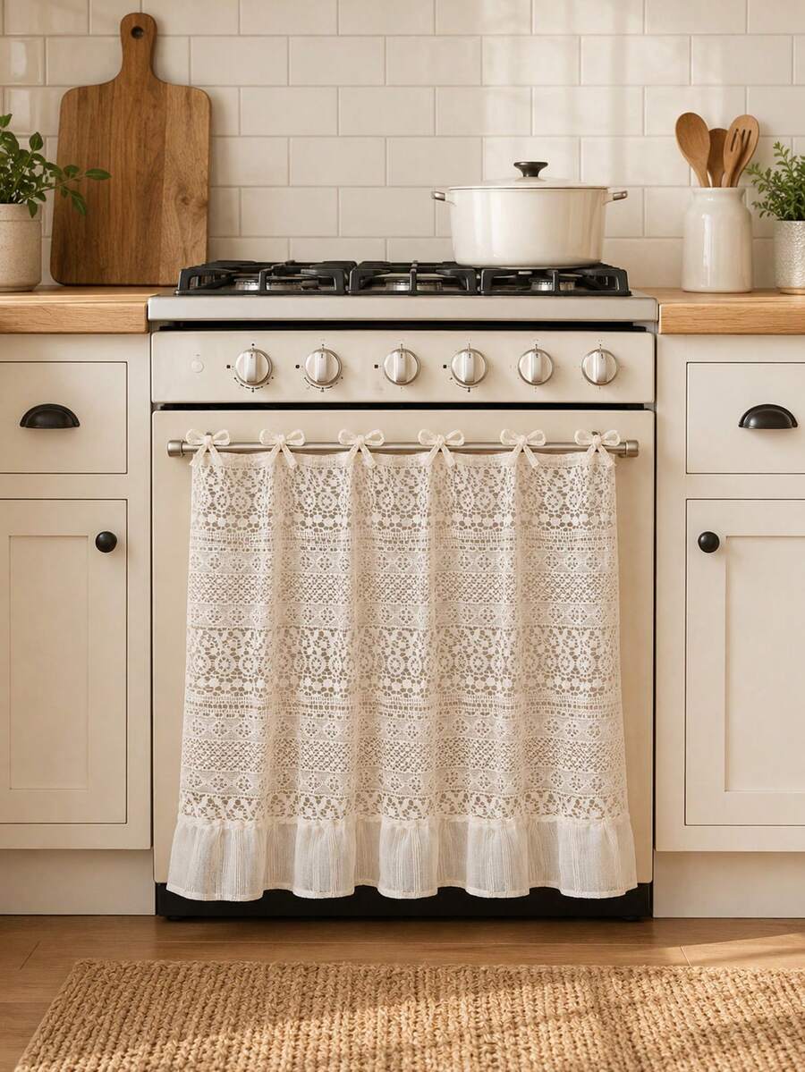 Vintage Lace Oven Door Curtain, 100% Polyester Kitchen Stove Cover With 6 Tie Straps, Decorative Ruffled Oven Handle Curtain For Farmhouse Kitchen Decor, 29.9 X 21.3 In - Multicolor - View 1