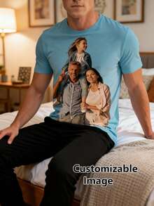 Custom Photo Men's Short Sleeve T-Shirt, Family Photo Print Pattern Casual Home Top, Christmas Birthday Gift For Dad, Husband, His Gift - Mint Blue - View 4