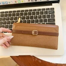 女款麂皮拼接長款錢包 PU 高級質感雙折皮革錢包 極簡腰帶錢包 - 彩色 - 查看 4