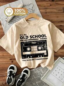 Cute & Casual Women's Short Sleeve Cotton Tee With Retro Cassette Tape Design, Round Neck And Rib-Knit Details For School,Y2K,Outings,Autumn - Light Apricot - View 2