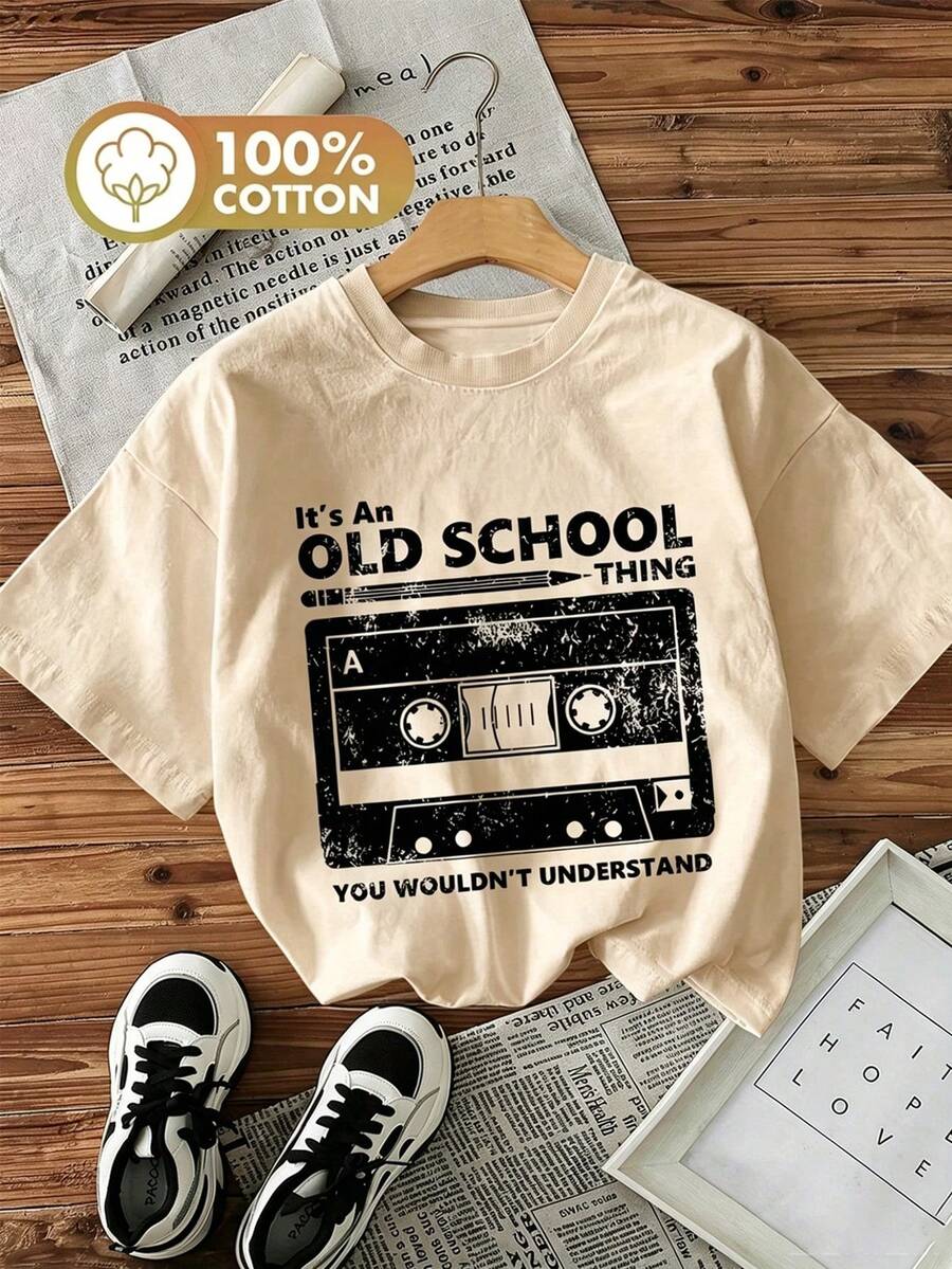 Cute & Casual Women's Short Sleeve Cotton Tee With Retro Cassette Tape Design, Round Neck And Rib-Knit Details For School,Y2K,Outings,Autumn