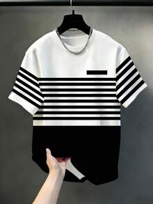 Plus Size Men's White & Black Colorblock Layered Horizontal Striped Crew Neck Short Sleeve T-Shirt, Summer American Casual Versatile Basic Top Sports - Black and White - View 3