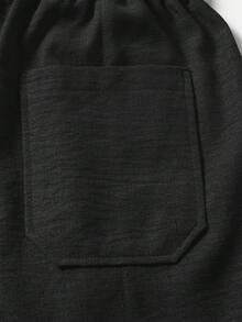 男士仿亞麻素色休閒直筒長褲，極簡日常通勤百搭紋理亞麻感長褲 - 黑色 - 查看 6