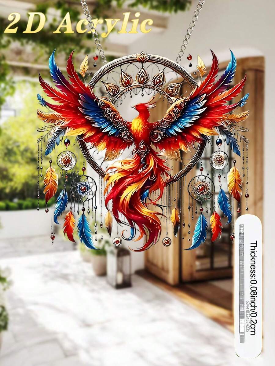 2D Flat, 1pc Bohemian Phoenix Feather Dream Catcher - Outdoor Decor, Garden Decor, (15cm/5.9inch) Sun Catcher, Home Decor, Room Decor, Yard Decor, Patio Decor, Back To School, Wedding Decor, Valentine's Day, With Colorful Feathers And Beads, Perfect For Garden, Perfect Housewarming Gift For Nature Lovers, Home Decor | Elegant Dream Catcher | Acrylic Structure