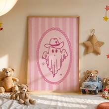 1pc Frameless Pink Halloween Ghost Cowgirl Art Canvas Poster Print, Cute Spooky Western Decor For Bedroom, Living Room, Apartment, Dorm, Kitchen, Room Decor Bedroom, Prints For Wall, Vintage Decor & Best Gift Choice - Cartoon - View 3