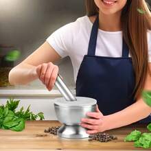 1組不鏽鋼壓蒜器與研缽套組,手動壓蒜器適用於香料與香料,可壓碎辣椒、辣椒等,適合廚房、宿舍、自製醬料與沾醬,廚房研缽與研杵,蒜碗研缽與研杵,易於使用且耐用 - 銀色 - 查看 9