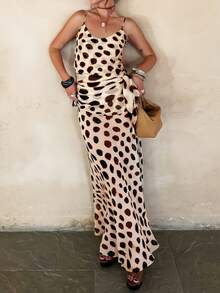 DOUCIU Sheer Polka Dot Irregular Cami Top & Long Skirt 2 Pieces Sets Island Vacation Style - Khaki - View 3