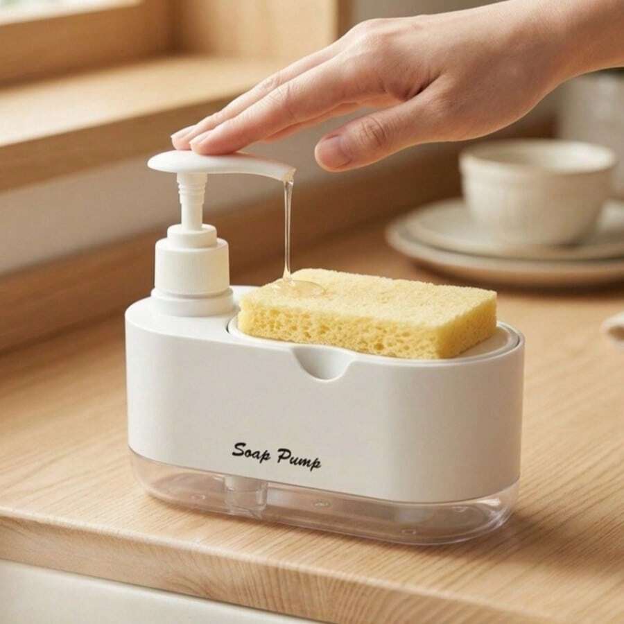 Built-In Sponge Holder Kitchen Dish Soap Dispenser - Rotatable Nozzle Countertop Manual Sink Storage Box - Leak-Proof Dish Soap Pump With Sponge Holder - Hand Soap Pump - Transparent Plastic Bathroom Accessory Set (Includes 1 Sponge) - Regular Model - View 1
