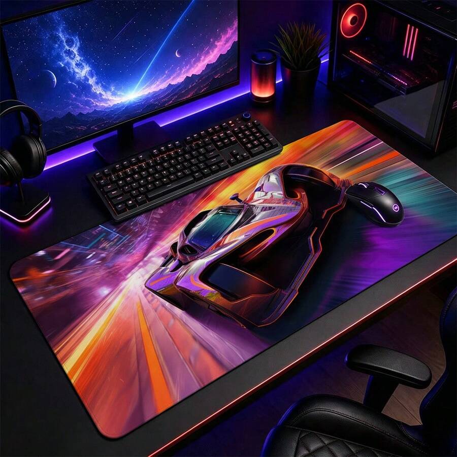 Colorful Beam Futuristic Supercar Large Gaming Desk Mat, Neon Speed City Print Non-Slip Rubber Extended Mouse Pad, Waterproof Long Keyboard Pad, Gaming Computer Desktop Decor - View 1