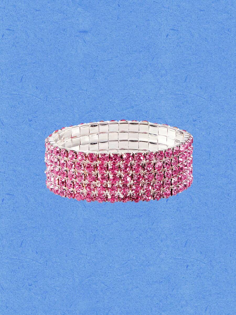 Popjeli 5pcs Sparkling Crystal Rhinestone Stretch Bracelets, Party Style Bling Blingbling Adjustable Elastic Bangles, Elegant Gift For Women - Pink - View 1