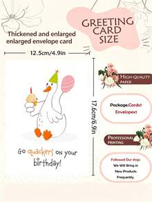 1Pc Cute Hand Drawn Duck Birthday Greeting Card, Pun Quote "Go Quackers On Your Birthday", Party Hat Cupcake & Pink Balloon Illustration, Minimal White Background Sweet Animal Lover Gift - Multicolor - View 3