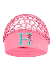 Floral Embroidered Letter Mesh Cap For Women - Personalized Initial Alphabet Elastic Wide Band Hair Bonnet, Crochet Hollow Out Night Sleep Hat - Pink - View 32