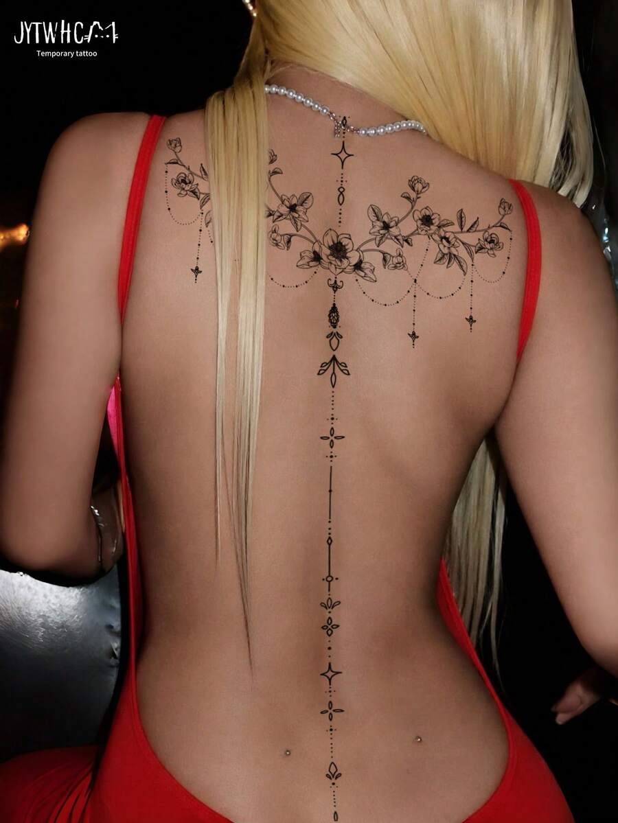 4pcs/2pcs/1pc Y2K Large Spine & Floral Temporary Tattoo Stickers, Waist & Abdomen Fake Tattoos, Waterproof Sweat-Proof Realistic Back Tattoos, Floral Spine Line Tattoo Stickers For Women, Matte Texture, Summer Bikini Style Floral Waist Spine Back Temporary Tattoos, Exquisite Dotted Plant Long Strip Waterproof Realistic Tattoo Stickers, Suitable For Vacation Beach Christmas & Music Festival - Black - View 1