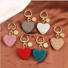 1pc Full Rhinestone Heart-Shaped Keychain, Women's Handbag Pendant, Solid Color Crystal Key Ring, Couple Heart-Shaped Keychain - View 3