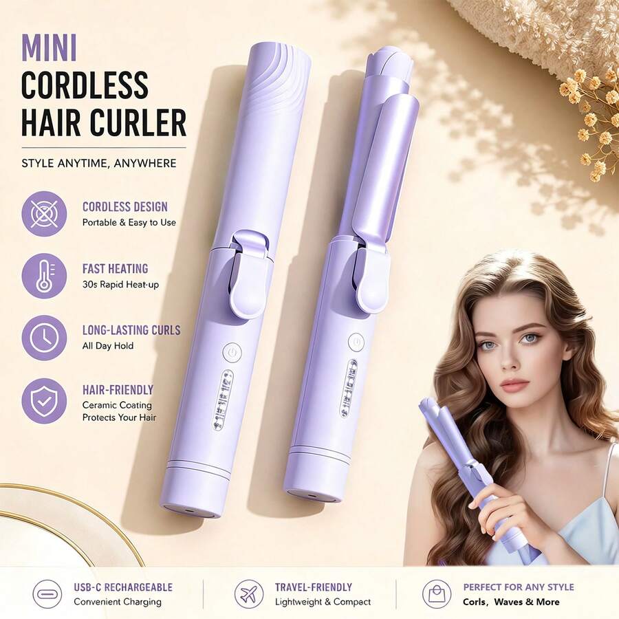 Portable Mini Wireless Hair Curler & Straightener – Ceramic Mini Styler With 4 Adjustable Temperature Settings, USB Rechargeable, Travel-Friendly, Stylish Styling Tool – Ideal Gift For Mother's Day, Birthdays, And Christmas - Blue - View 1