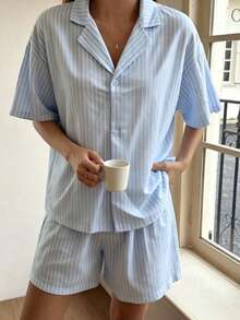 Nina Bonheur 2pcs/Set Women's Loose Comfortable Breathable Long Sleeve Top + Shorts Cute Pajama Set - Blue - View 3