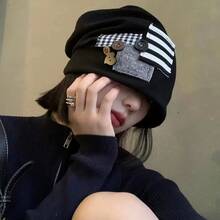 1pc Women's Vintage Patchwork Plaid & Striped Applique Loose Knit Hat, Button Decor, Soft Elastic Loose Fit Headscarf, Rock/Street/Fashion/Casual Hat - Multicolor - View 7