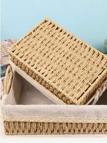 Caja de almacenamiento de ratán tejida, Cesta de almacenamiento tejida, Caja organizadora de paja tejida, Caja de almacenamiento para entrada, sala de estar, mesa de café, llaves, aperitivos, juguetes, artículos diversos, cosméticos, Cesta de almacenamiento multiusos adecuada para baño, dormitorio, sala de estar, Cesta de regalo decorativa - Caqui - Ver 6