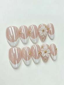 10pcs Handmade Short Almond Shape Press-On Nails, Pink Glitter Cat Eye Base, White Wavy French Tips, 3D White Flowers, Gold Beads & Pearl Decor, Gentle Elegant Reusable Fake Nails, Includes Full Set Of Manicure Tools - Multicolor - View 4