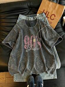 90s Retro Print Women's T-Shirt - Casual Short Sleeve Crew Neck Washed Top, Suitable For All Seasons Black Summer - Black - View 9