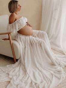 Maternity Strapless Ruffle Hem Dress, Chiffon Moderate Stretch Ruffle Detail Front Slit Ruffle Hem Maternity Photography Baby Shower Party Dress Fall - White - View 1