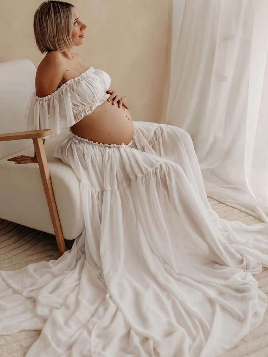 Maternity Strapless Ruffle Hem Dress, Chiffon Moderate Stretch Ruffle Detail Front Slit Ruffle Hem Maternity Photography Baby Shower Party Dress Fall - White - View 1