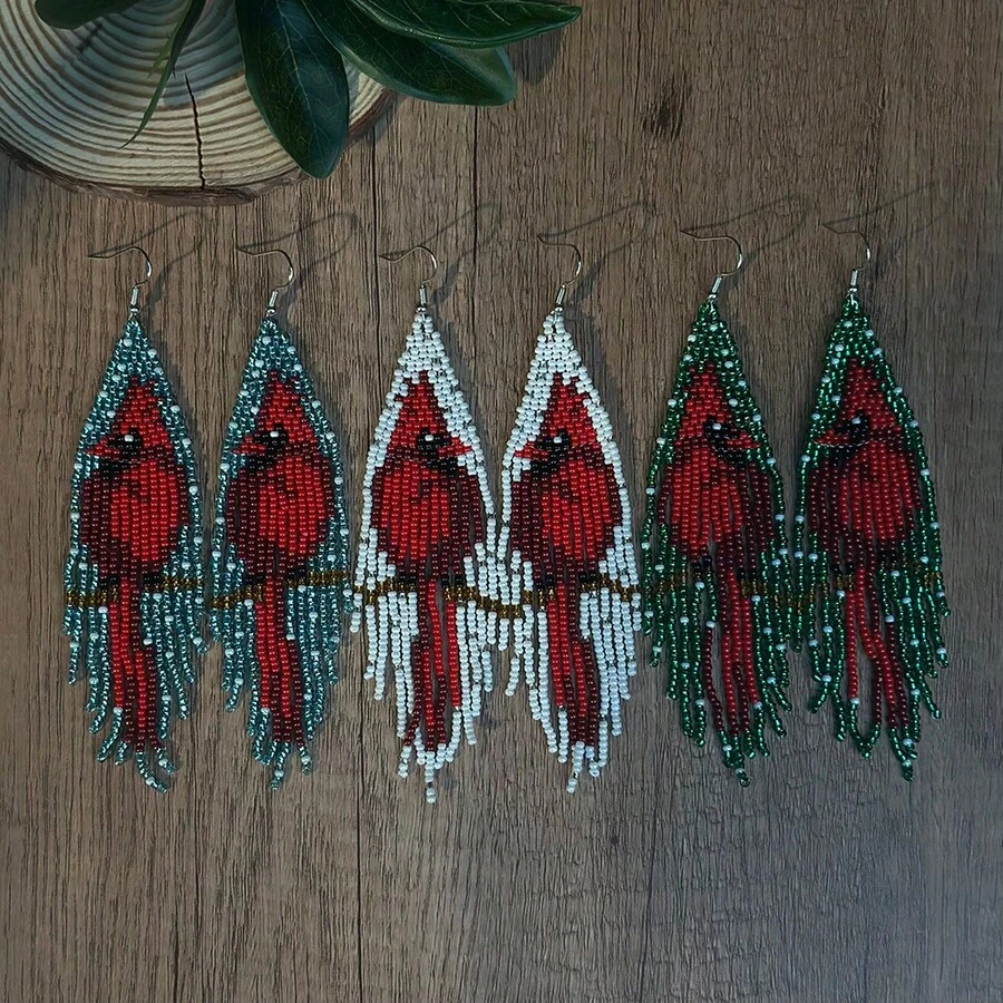 AHAYA Bohemian Beaded Bird Pattern Long Tassel Earrings, Seed Beads Handmade Glass Bead Jewelry, Suitable For Daily Wear And Gifts