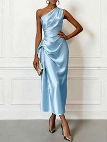 Women's Summer Evening Midi Dress, Elegant One-Shoulder Ruched Slim Fit, Satin Fabric, Sleeveless, Champagne Black Blue, Draped, Luxury Style - Blue - View 3