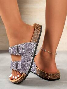 Sandalias de plataforma de corcho con doble correa y strass para mujer - Morado Violeta - Ver 5