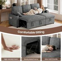 2 Seater Sofa Bed, 3 In 1 Convertible Corner Sofa Bed, 190cm Pull Out Linen Double Sleeper Chair With Pocket And Adjustable Backrest For Living Room - Chenille Dark Grey - 3-seater - View 6