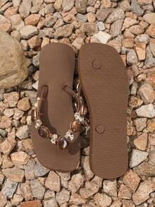 Evertop Surf Handmade Luxury Stone Texture Resin Crystal Glass Rhinestone Decor Women's Thong Sandals, Elegant Fashion Bohemian Style Soft Sole Beach Slippers, Detachable Decor Chain, New Summer Design (Glass Rhinestone) - Coffee Brown - View 5