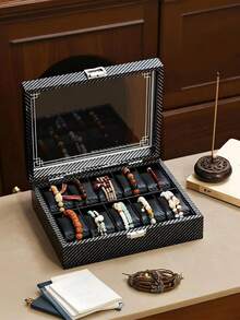 2/3/6/10/12 Slots Carbon Fiber Texture Multi-Grid Watch Storage Box, Transparent Visible Dust-Proof Watch Display Box, Large Capacity Watch Storage Box For Home Vanity, Travel And Watch Collection - Multicolor - View 4