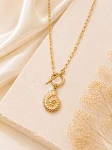 1pc 18K Gold Plated Golden Stainless Steel Conch Shell Design OT Clasp Checkered Necklace - Multicolor - View 5
