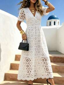 Vestido casual diario para mujer con flor de seis pétalos calada, elegante para vacaciones, blanco de verano - Blanco - Ver 1