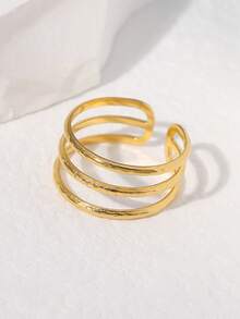 1PC Stainless Steel 18K Hammered Line Open Ring, Suitable For Women's Daily Office And Afternoon Tea Wear - Yellow Gold - View 4