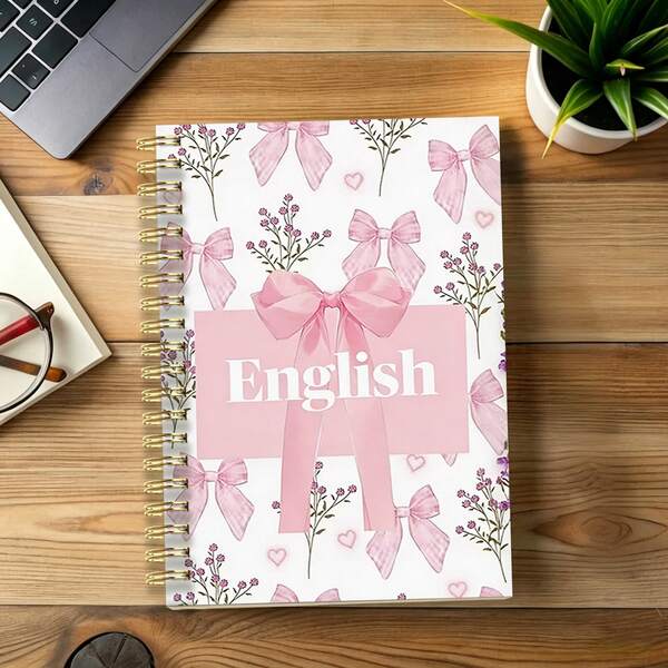 دفتر ملاحظات سلكي A5 لمادة اللغة الإنجليزية، 1 قطعة، وردي مع فيونكة وطبعة زهور صغيرة وشريط شبكي بألوان باستيل، غلاف ناعم بسلك ذهبي، مخطط دراسي ومستلزمات دراسية هدية لفتيات المراهقات للمدرسة