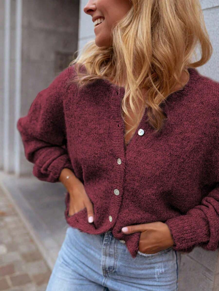 Sylvia Women's Autumn/Winter Solid Color Minimalist Basic Button-Up Round Neck Slimming Loose Knit Cardigan, Gentle Daily Commute - Burgundy - View 1