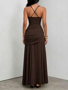 DOUCIU Vintage French Style Pleated Sheer Patchwork Slip Dress, Elegant For Party, Birthday Events - Coffee - View 3