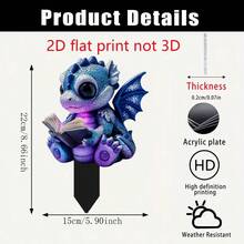 2D Flat Printed Acrylic Garden Stake, 1pc, With Pointed Base, Cute Reading Dragon Design For Garden And Flower Pot Decoration, Ideal Yard Decor And Gift, Peel Off Protective Film Before Use, Suitable For All Seasons - A - View 10
