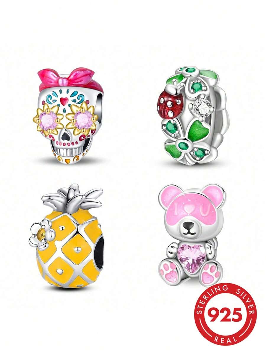 1 peça pulseira de contas estilo Dopamina Sweet Cool em prata esterlina S925 de baixa alergia, com caveira rosa, ananás, urso e trevo de quatro folhas verde, adequada para pulseira original, para fazer joias DIY femininas, presente de aniversário - Multicolorido - Ver 1