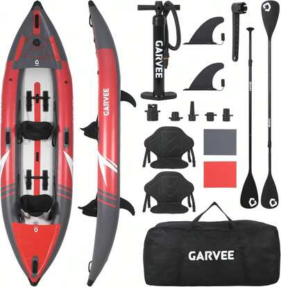 12.5FT 2 Person Drop Inflatable Kayak, 450 LBS Load Portable Inflatable Touring & Fishing Kayak Adults, Complete Kit With 2 Padded Seats, 3 Tracking Fins, Carry Bag & Repair Patch Kit