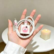 4件組適用於 18W/20W原裝充電器保護套 TPU軟殼防摔，卡通可愛大眼憤怒表情蘋果快充頭數據線保護套防斷，USB-C轉Lightning接頭保護套，線材收納繩，手機配件裝飾，送女友理想禮物 - 粉色生氣表情包 - 查看 3