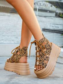 Women's Fashion Side Cut-Out Mid-Calf Open Toe Sandals, Criss-Cross Strap Design Comfortable And Breathable, Ultra-High Platform Sandals Minimalist Style Versatile For Outings And Commuting Solid Color Fabric Sandals - Leopard Print - View 3
