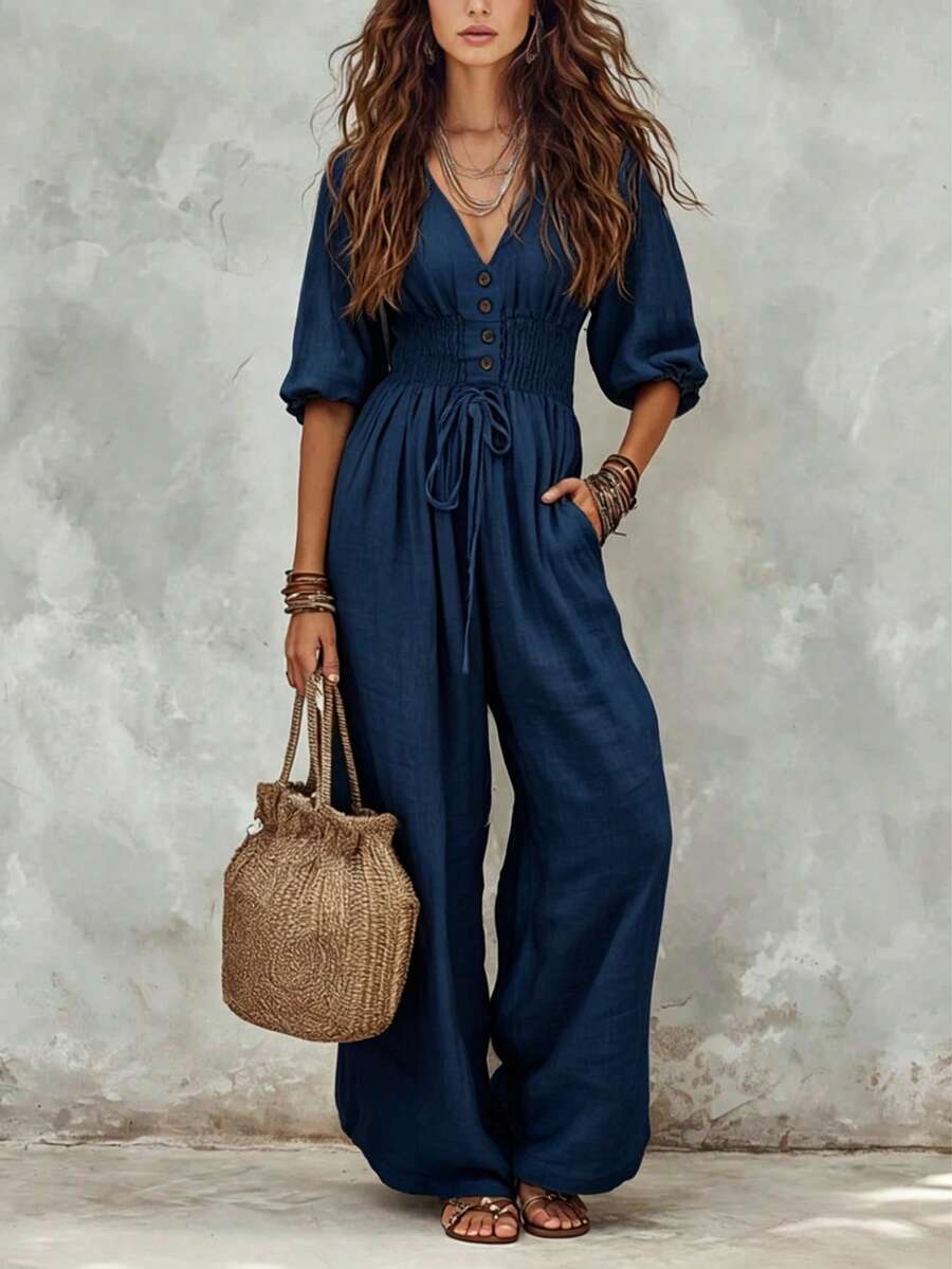 2026 New Cream White Puff Sleeve Drawstring Waist Jumpsuit, Lazy Drape Vacation Style Outfit, Cream Color Tie Waist Jumpsuit, Daily Commute Elegant Set, Cream White Pleated Design Jumpsuit, Casual Outing Street Style Set, Wide Leg Jumpsuit, Tie Waist Jumpsuit, Puff Sleeve Jumpsuit, V-Neck Front Button Layered Pleated Design, Loose Casual Fit, Minimalist Unique Style, Vacation Style, Gentle Girl Feeling, Quiet Luxury Style, Bohemian Elegant Style, Plus Size Friendly, Suitable For Tall People