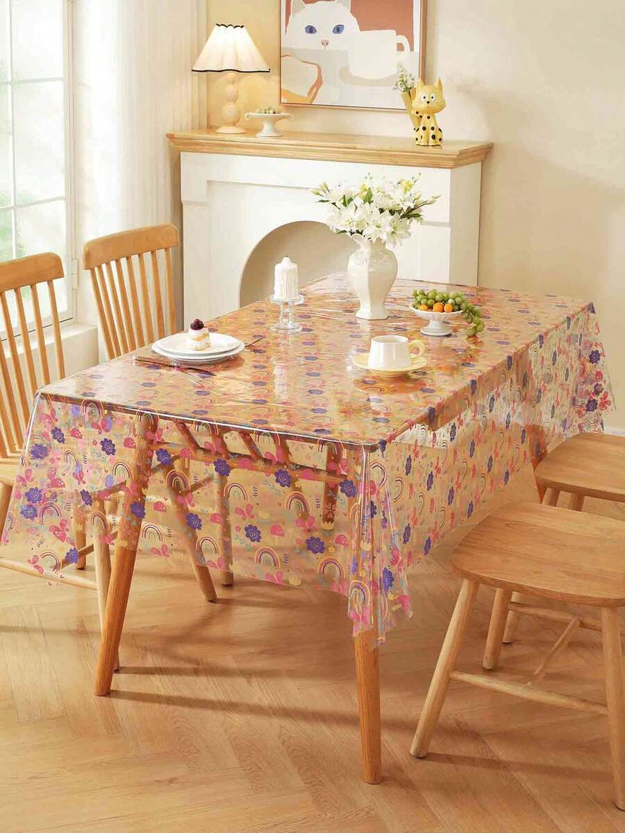1 pieza Mantel de PVC con estampado de arcoíris lindo, impermeable, resistente al aceite y a las manchas, mantel rectangular para mesa de comedor, adecuado para restaurante
