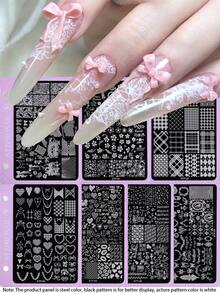 7Pcs Nail Stamping Plates Set With Pink Alloy Buckle, Stainless Steel Nail Art Template With Cherry Blossom Plaid Check Lace Mesh Heart Bow Music Note Pattern, Sweet Y2K Girly Nail Stamp Plate With Metal Rings For Salon DIY Manicure Accessories - Multicolor - View 1